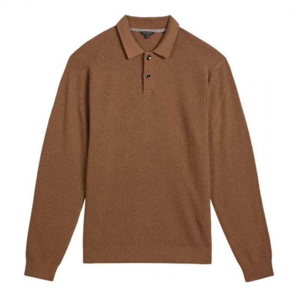 TED BAKER Mens Batha Long Sleeve Knit Polo Shirt Camel